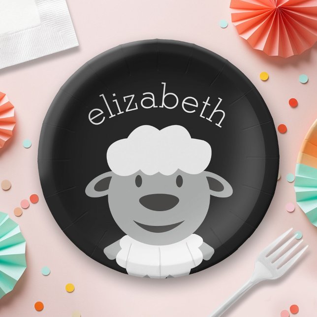 Assiettes En Carton Cute Cartoon Farm Sheep - noir et gris (Custom Paper Plate for a Party)
