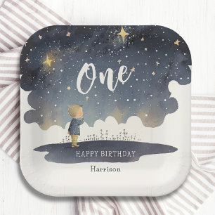 Assiettes En Carton Cute Celestial Anniversaire Étoiles Aquarelle Garç