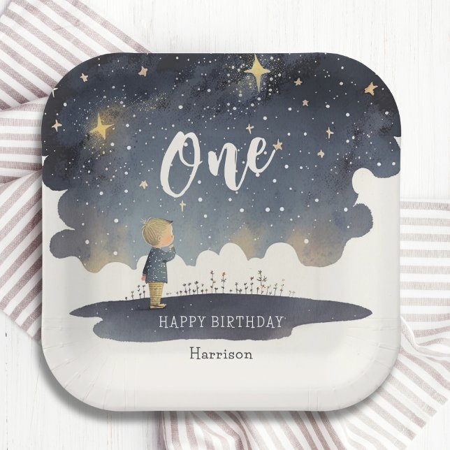 Assiettes En Carton Cute Celestial Anniversaire Étoiles Aquarelle Garç (Créateur téléchargé)