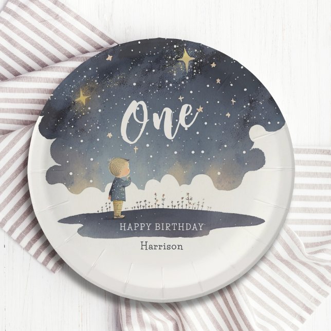 Assiettes En Carton Cute Celestial Anniversaire Étoiles Aquarelle Garç (Créateur téléchargé)