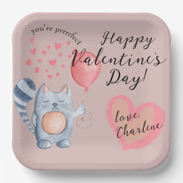Assiettes En Carton Cute Chat et Balloon Saint Valentin (Recto)