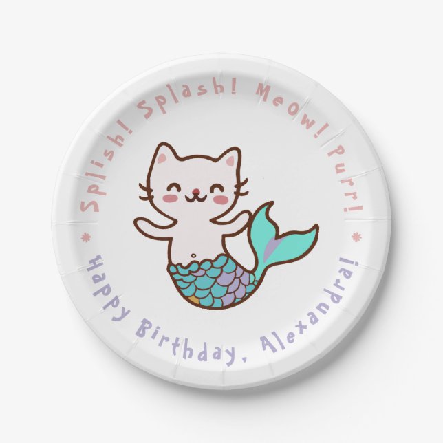 Assiettes En Carton Cute Chat Sirène fille Anniversaire Meowmaid Purrm (Devant)