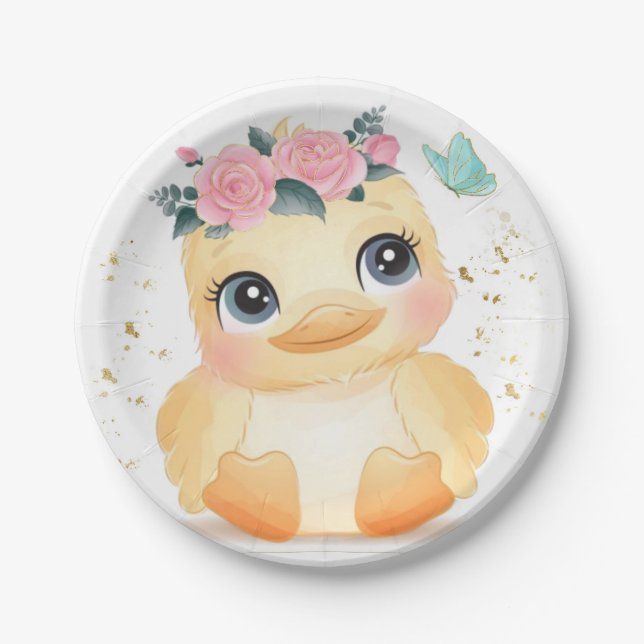 Assiettes En Carton Cute Chic Canard Rose Baby shower Or Rose (Devant)