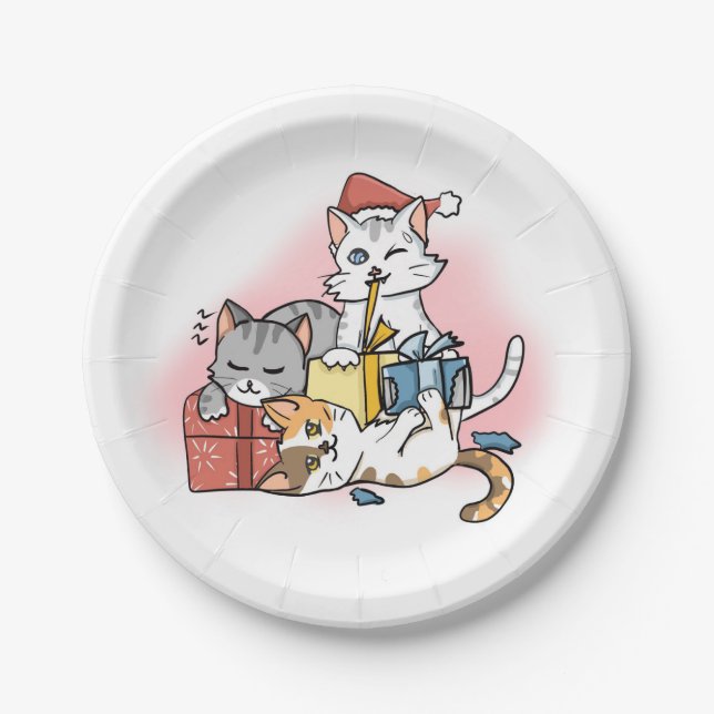 Assiettes En Carton Cute Christmas Kittens jouer avec le dessin de cad (Devant)