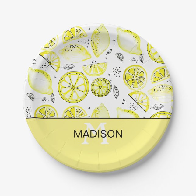 Assiettes En Carton Cute Citron frais Citrus Doodle Yellow Monogramme (Devant)