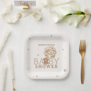 Assiettes En Carton Cute Coeurs Ours Beige Baby shower Brown clair