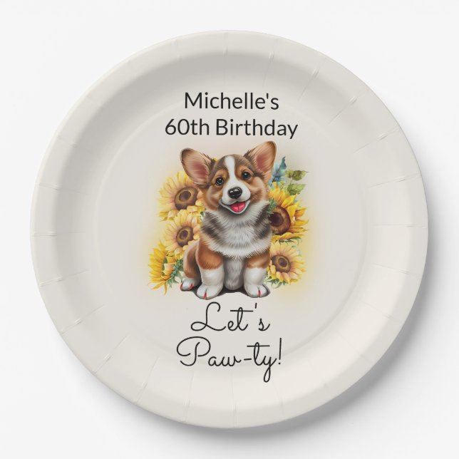 Assiettes En Carton Cute Corgi Chien Tournesols 60e anniversaire (Devant)