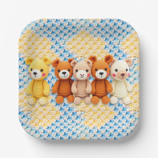 Assiettes En Carton Cute Crocheted Teddy Bears Boy's Baby Shower (Recto)