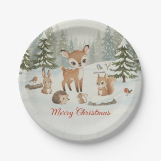 Assiettes En Carton Cute Deer and Woodland Animals Merry Christmas