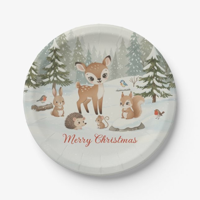 Assiettes En Carton Cute Deer and Woodland Animals Merry Christmas (Devant)