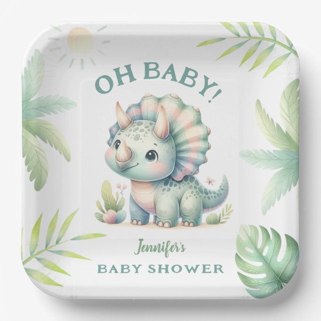 Assiettes En Carton Cute Dino Jungle Triceratops Dinosaur Baby shower (Recto)