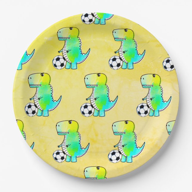 Assiettes En Carton Cute Dinosaur Aime Le Football Aquarelle (Devant)