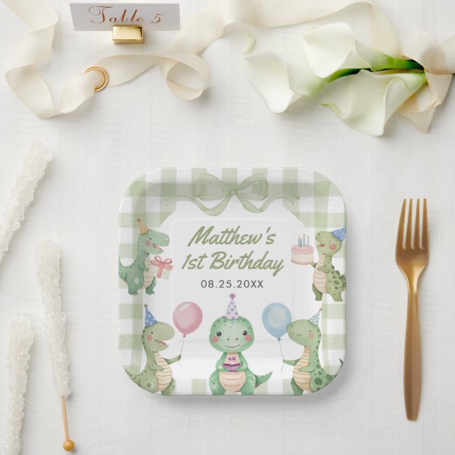 Assiettes En Carton Cute Dinosaur En vichy 1er anniversaire (Mariage)