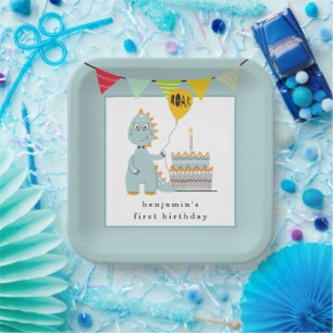 Assiettes En Carton Cute Dinosaur Gâteau Poudre Bleu 1er anniversaire 