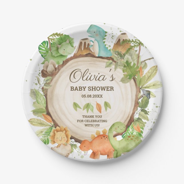 Assiettes En Carton Cute Dinosaures Garçon Baby shower Verdure (Devant)