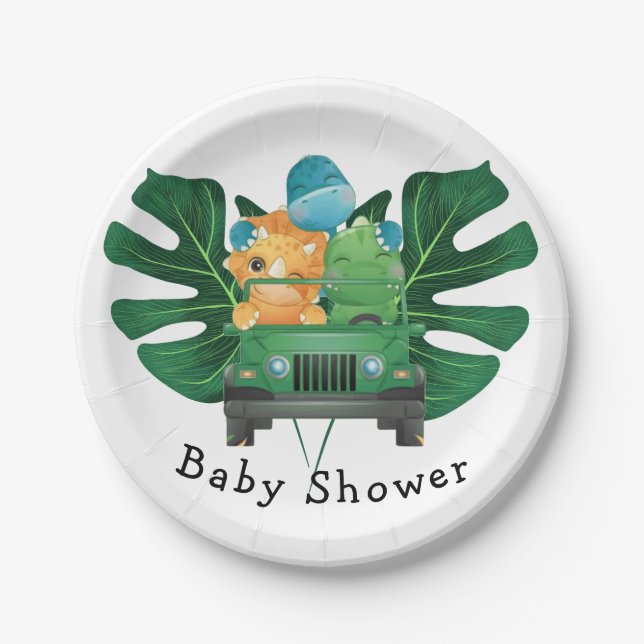 Assiettes En Carton Cute Dinosaurs Safari Véhicule Baby shower garçon (Devant)