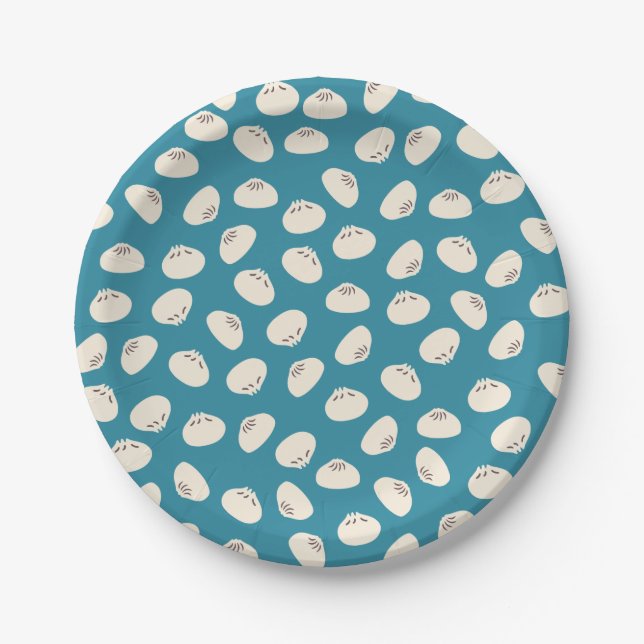 Assiettes En Carton Cute Dumplings on Blue Background Paper Plates (Devant)