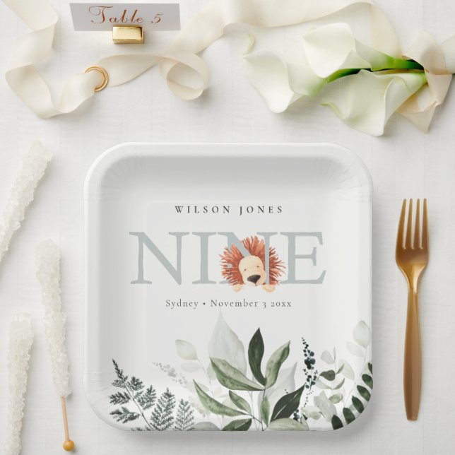 Assiettes En Carton Cute Dusky Blue Lion Foliage 9e Anniversaire (Mariage)