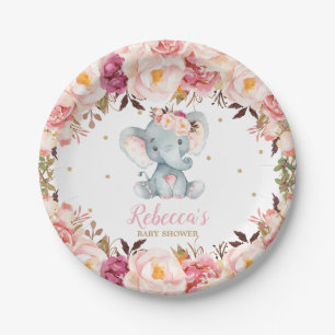 Assiettes En Carton Cute Elephant Baby shower Blush Floral Dessert 7"