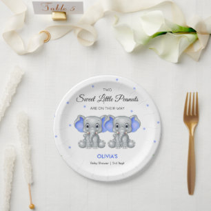 Assiettes En Carton Cute Elephant Blue Twin Boys Baby shower