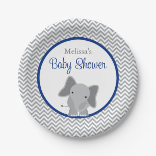 Assiettes En Carton Cute Elephant Chevron Baby shower bleu marine
