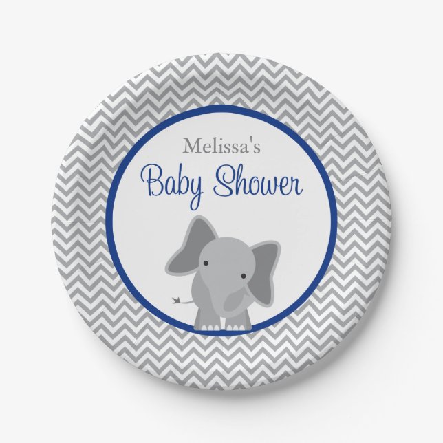 Assiettes En Carton Cute Elephant Chevron Baby shower bleu marine (Devant)