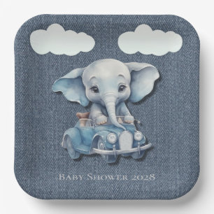 Assiettes En Carton Cute Elephant Denim Vintage Voiture Baby shower