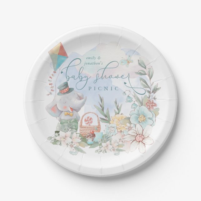 Assiettes En Carton Cute Elephant Nature Boy Floral Baby shower Pique- (Devant)