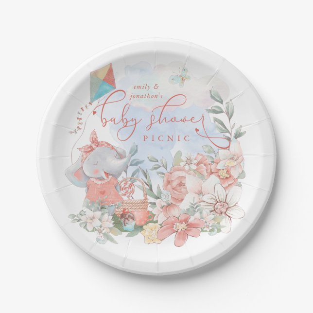 Assiettes En Carton Cute Elephant Nature Florales Baby shower Pique-ni (Devant)