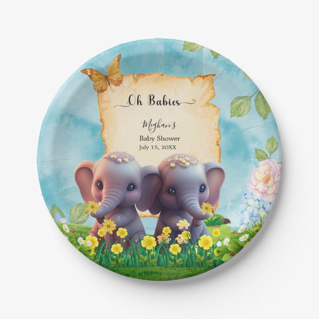 Assiettes En Carton Cute Elephant Twins Baby shower bleu Floral Custom (Devant)