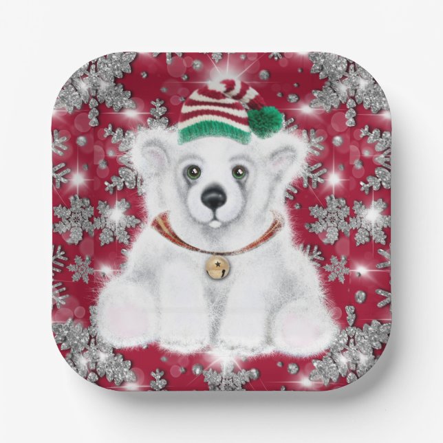Assiettes En Carton Cute festive holiday Polar bear glitter snowflakes (Recto)