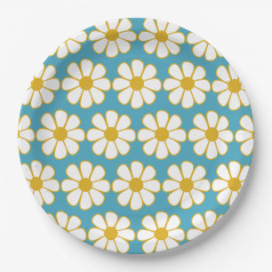 Assiettes En Carton Cute Floral Daisy Motif moutarde et bleu