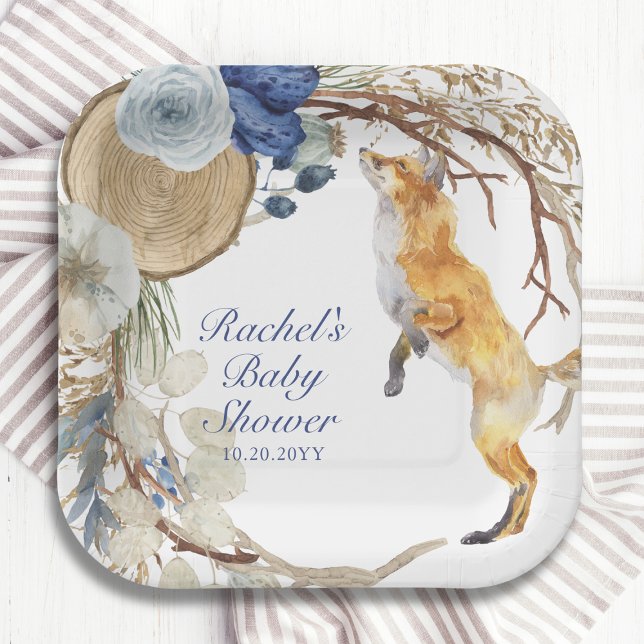 Assiettes En Carton Cute Fox bois aquarelle Baby shower Floral (Créateur téléchargé)