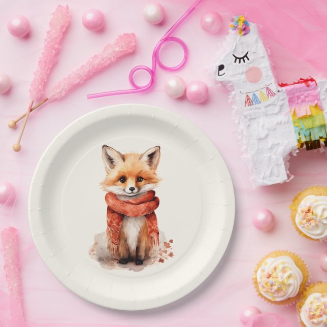 Assiettes En Carton Cute Fox Pup in a Red Scarf (Fête)