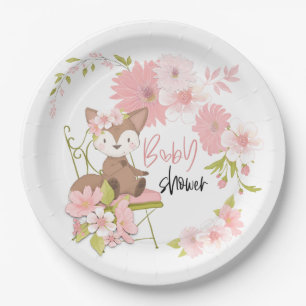 Assiettes En Carton Cute Fox Rose Blanc Florals Fille Baby shower