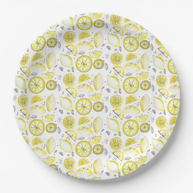 Assiettes En Carton Cute Fraîche Citrus Citron D'Été Doodle Jaune (Devant)