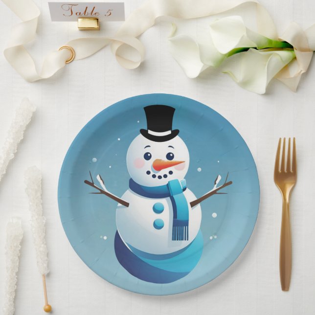 Assiettes En Carton Cute Frosty Snowman Illustration Plaque en papier (Mariage)