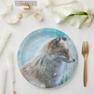 Assiettes En Carton Cute Furry Fox sur Blue Grunge Arrière - plan