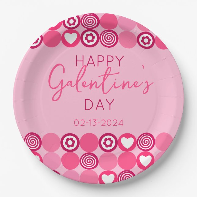 Assiettes En Carton Cute Galentine's Day Coeur rose et Motif de fleurs (Devant)