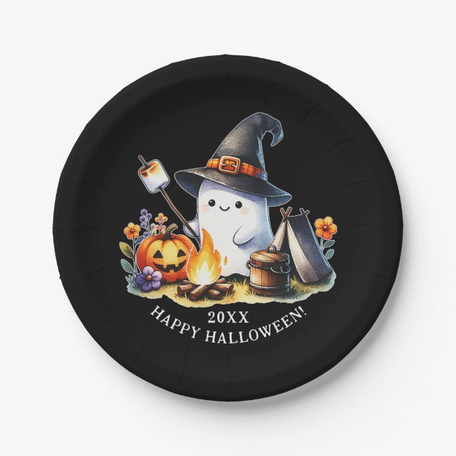 Assiettes En Carton Cute Ghost Camping Happy Halloween Noir (Devant)