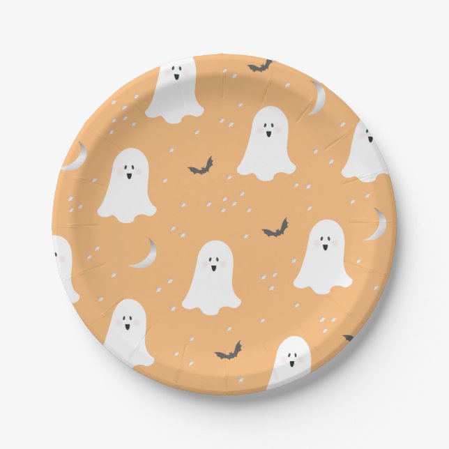 Assiettes En Carton Cute Ghosts Halloween Pastel Orange Plaque Papier (Devant)