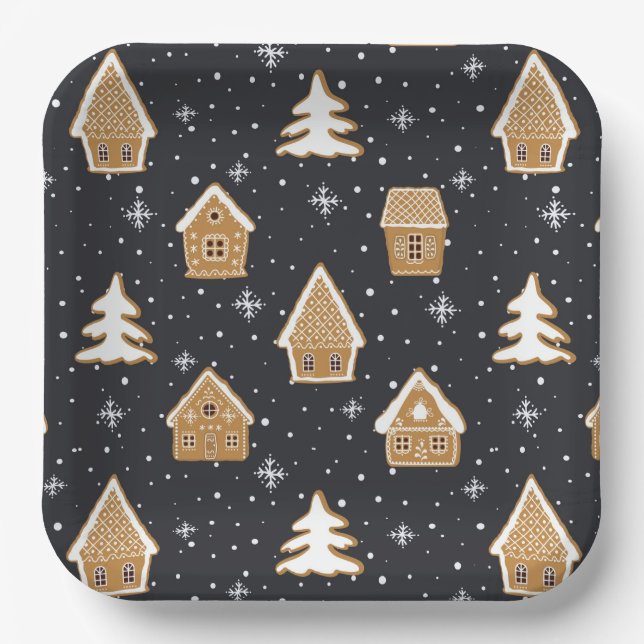 Assiettes En Carton Cute Gingerbread Village Fir Trees Bleu Noël (Recto)