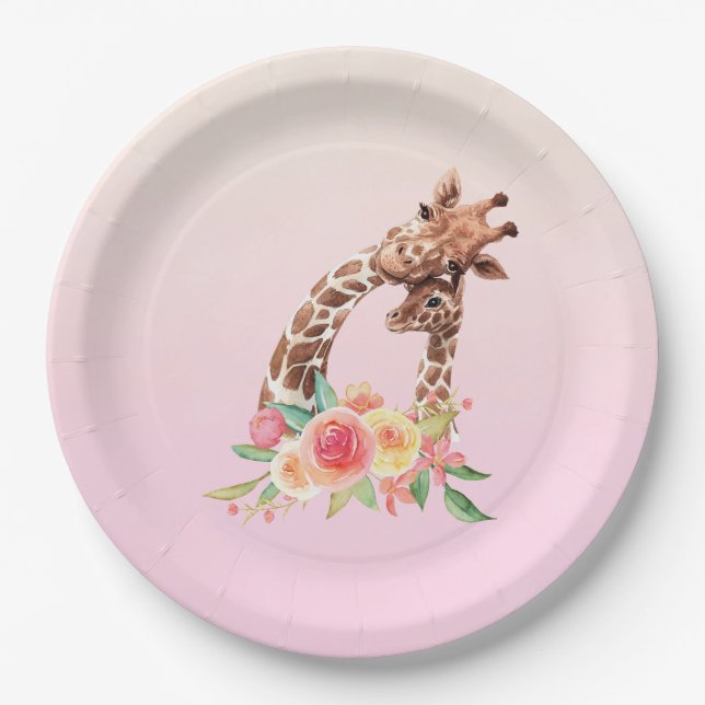 Assiettes En Carton Cute Giraffe Aquarelle Maman & Bébé (Devant)