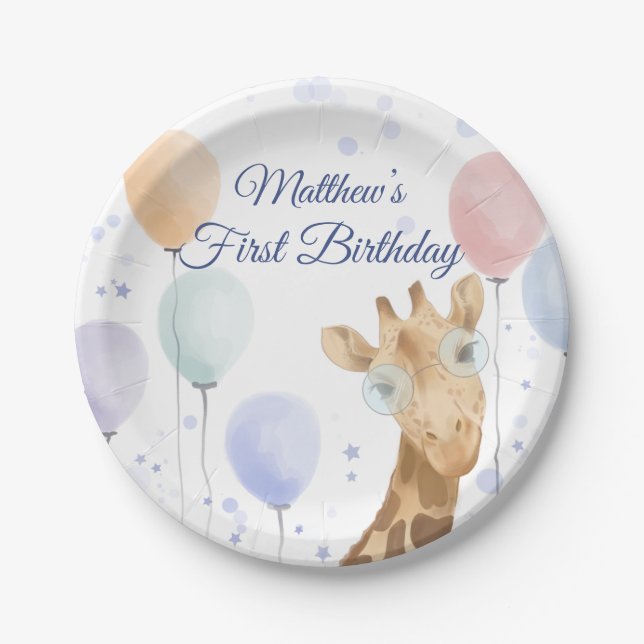 Assiettes En Carton Cute Giraffe Balloon Boy Premier Anniversaire  (Devant)