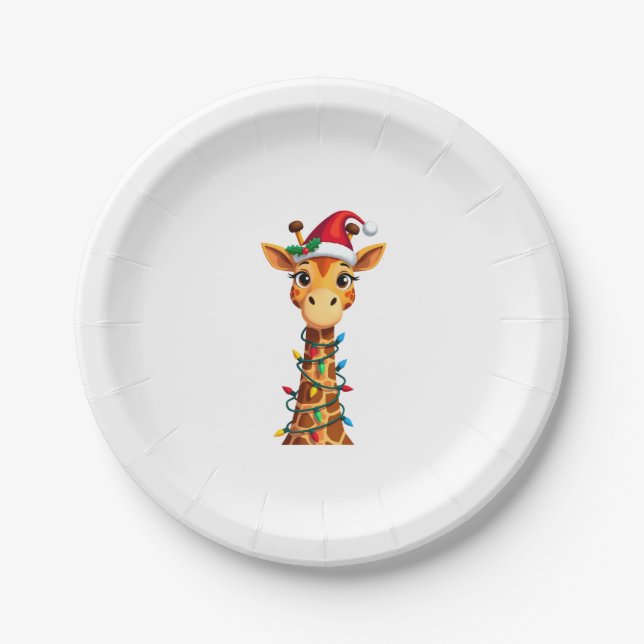 Assiettes En Carton Cute Giraffe Christmas Lights Santa Hat Xmas Pajam (Devant)