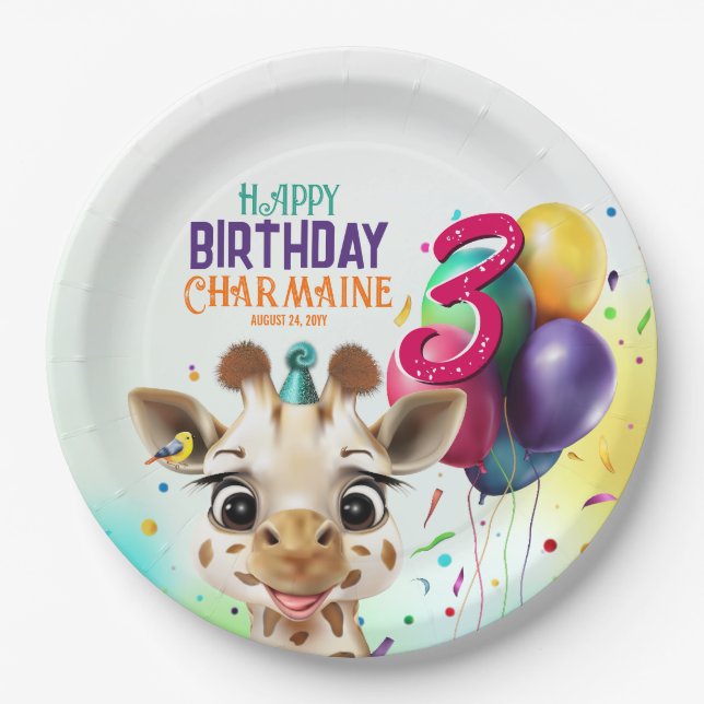 Assiettes En Carton Cute Giraffe Colorful Confetti Anniversaire de enf (Devant)