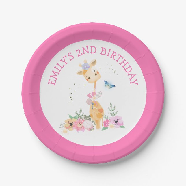 Assiettes En Carton Cute Giraffe Rose Florals Filles 2e fête d'anniver (Devant)