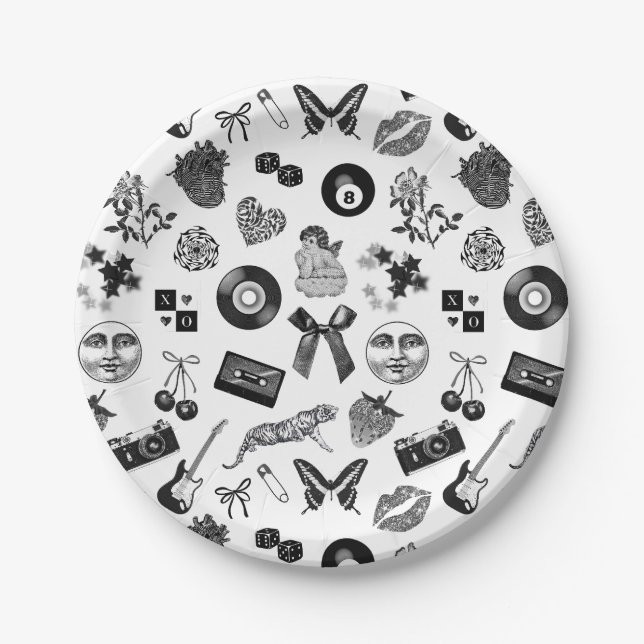 Assiettes En Carton Cute Girl Noir Blanc Motif esthétique (Devant)