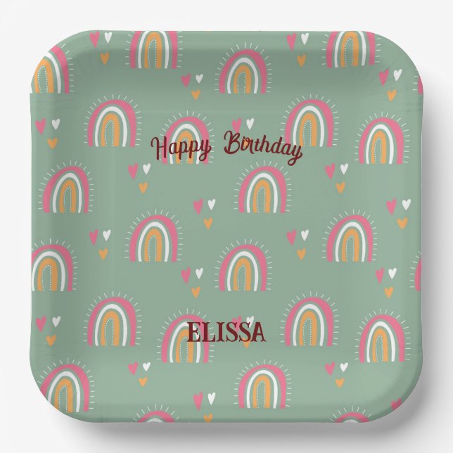 Assiettes En Carton Cute Green Boho Rainbow Anniversaire Nom personnal (Recto)