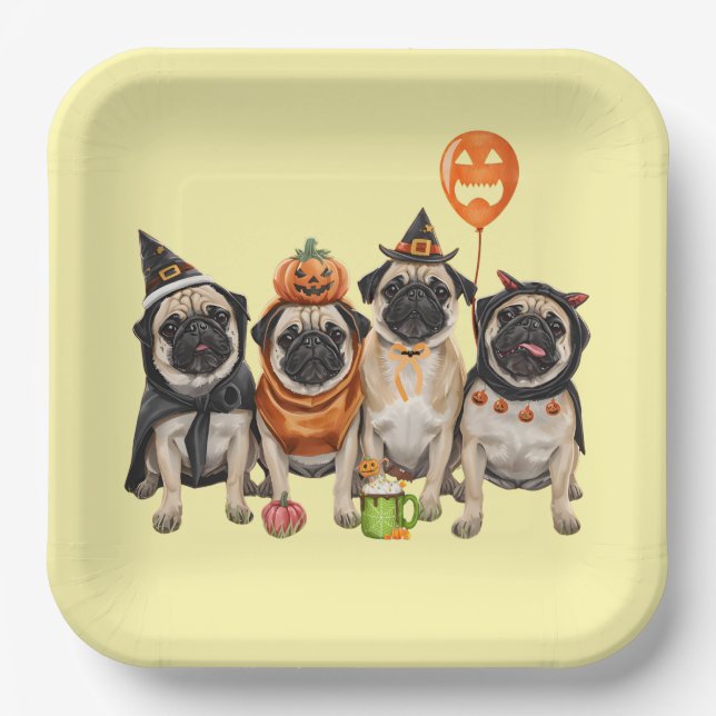 Assiettes En Carton Cute Halloween Pug Paper Plate – Funny Spooky Dog  (Recto)